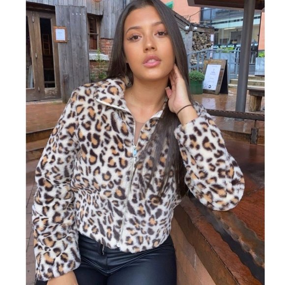 Leopard Print Animal Print Faux Fur Long Sleeve Collared Bomber Jacket - Picture 2 of 9